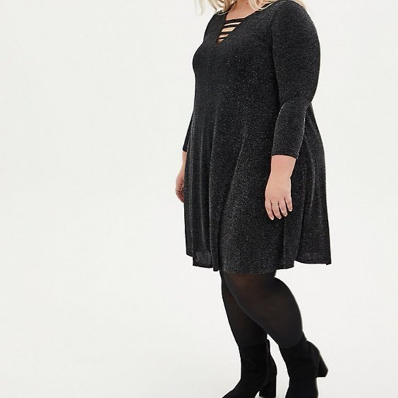 TORRID Black Shimmer Jersey Ladder Neck Mini Trapeze Dress - Picture 3 of 6